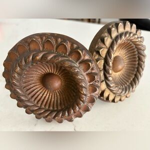 Pair 1940s Brass Medallion Drapery Tie Back Holders / Fixtures Floral Detail